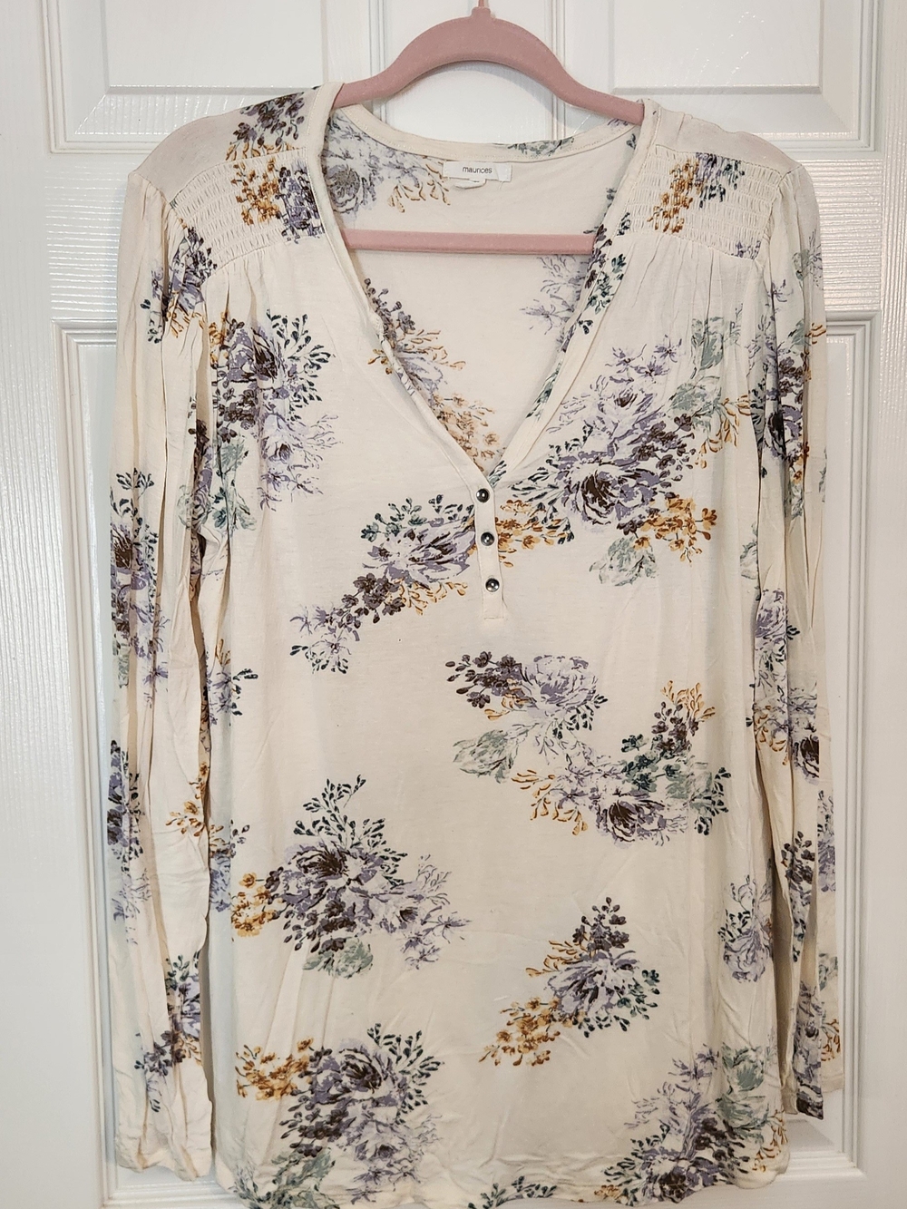 Maurices Cream Floral V-Neck Long Sleeve Top